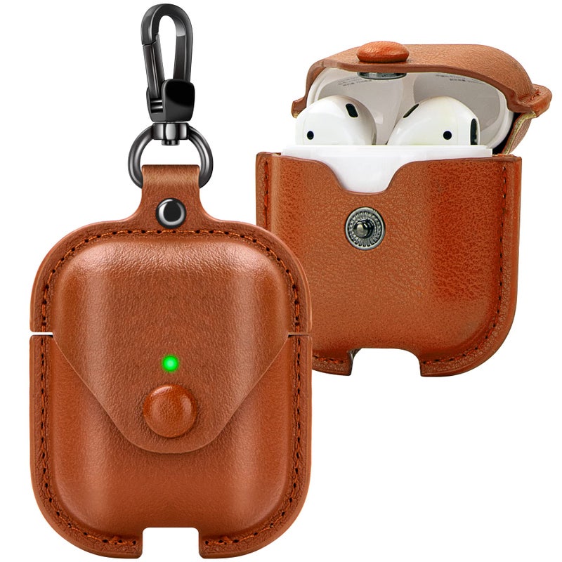 PG6 Leather Case for Airpods with Keychain, Premium Leather Vintage Portable Shockproof Protective Cover for Apple AirPods 1 and AirPods 2 Charging Case - Image 1
